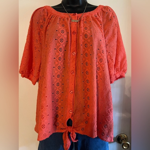 Coral Lace Blouse with Tie Front – Size XL - Picture 2 of 4